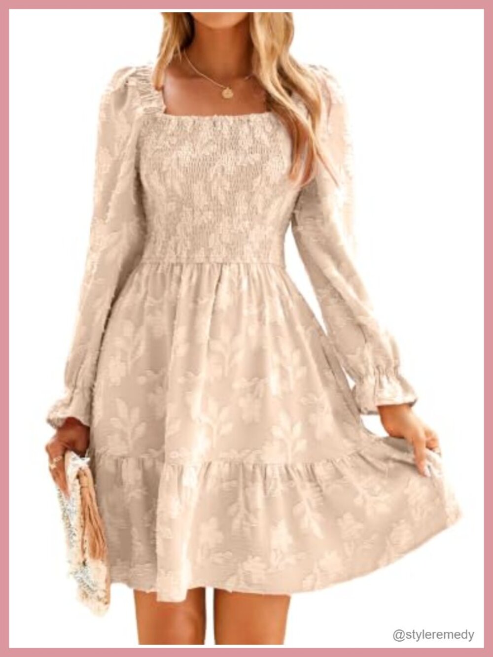 Square Neck Long Sleeve Mini Dress Smocked Ruffle Wedding Guest